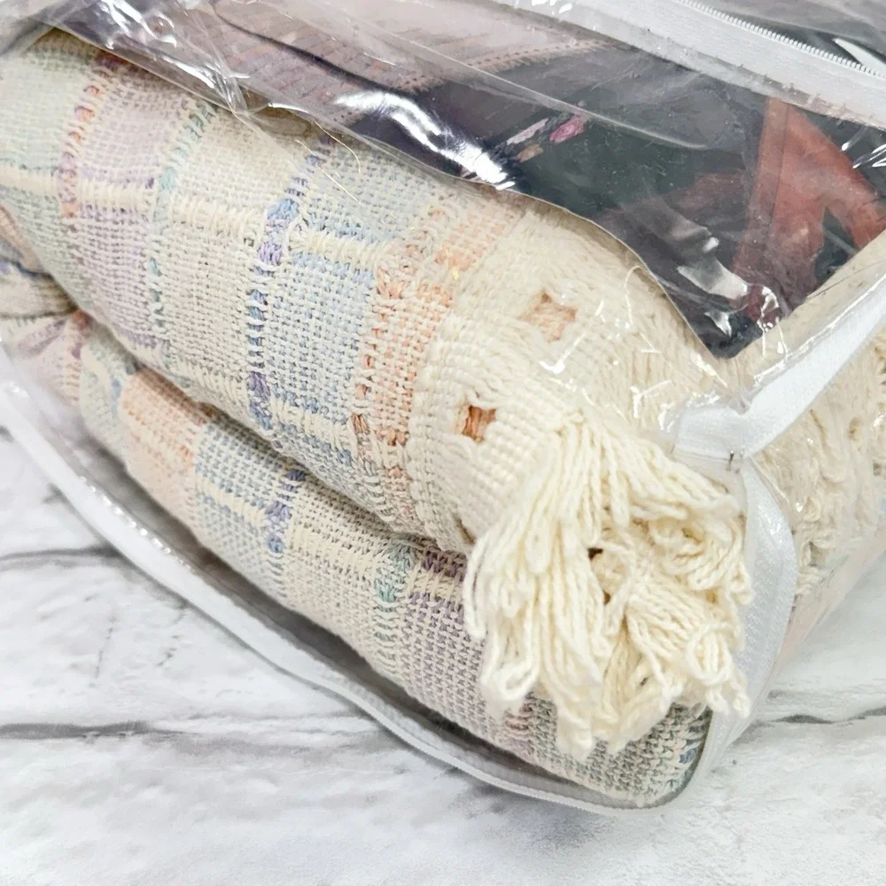 Vtg Sears Crown Craft Hampshire Queen Bedspread Waffle Weave Ivory Pastel Fringe